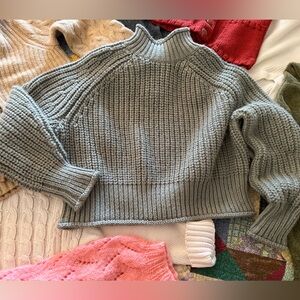 H&M Dusty Sage Green Rolled Neck and Hem Chunky Ribbed Knit Sweater, Size L